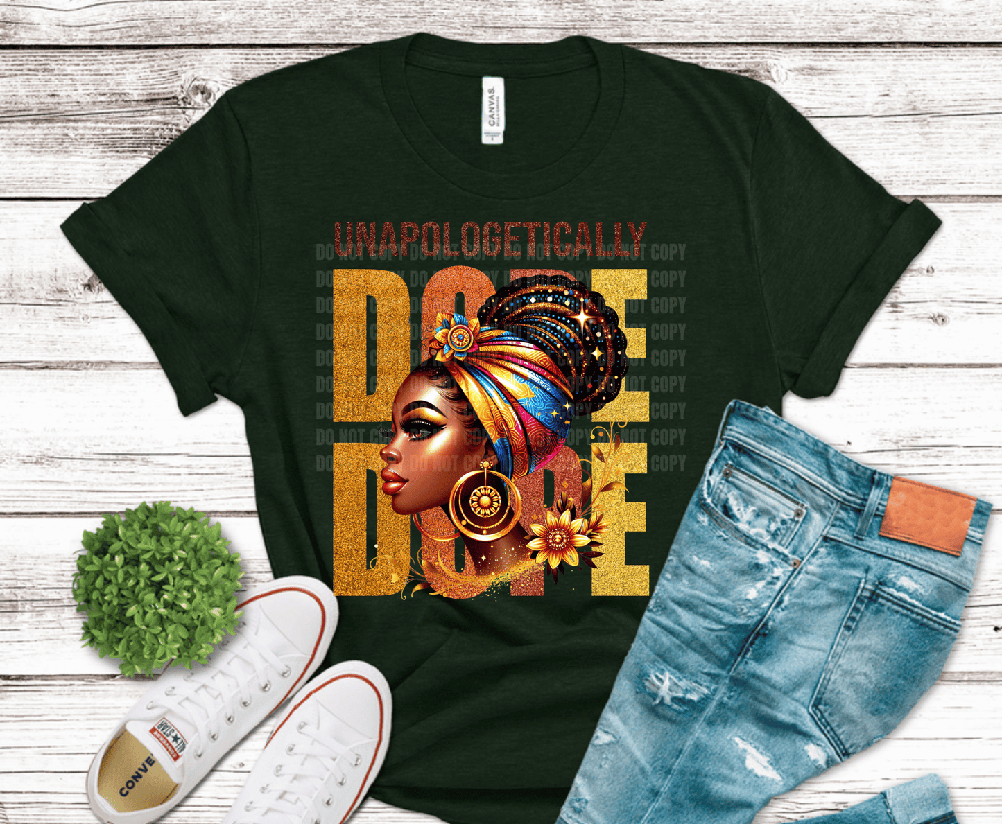 Afrocentric queen portrait with Unapologetically Dope gold typography