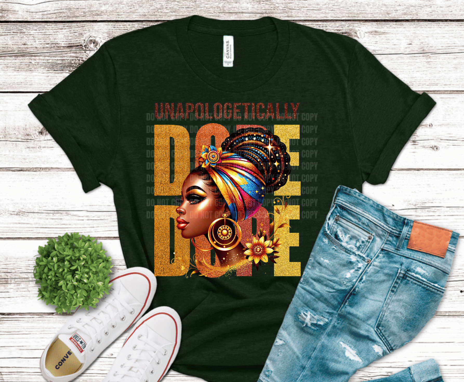 Afrocentric queen portrait with Unapologetically Dope gold typography