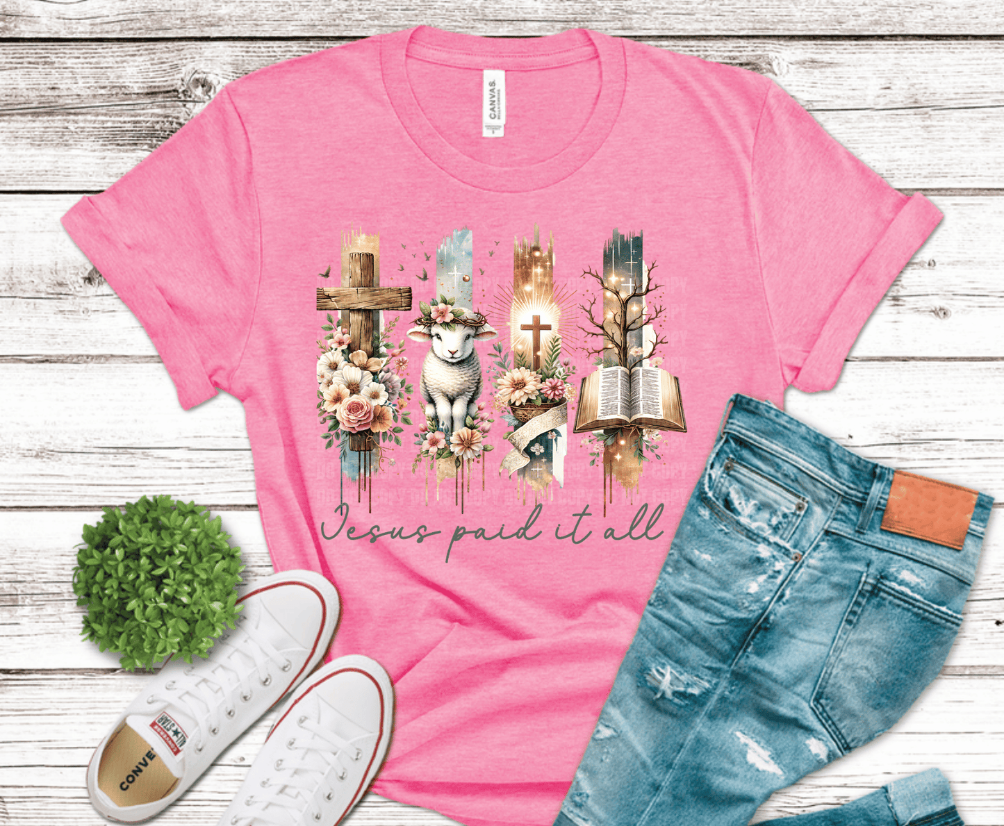 Cross and lamb artwork with Jesus Paid It All scripture design
