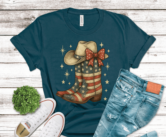 Vintage cowboy boots with American flag design and bow