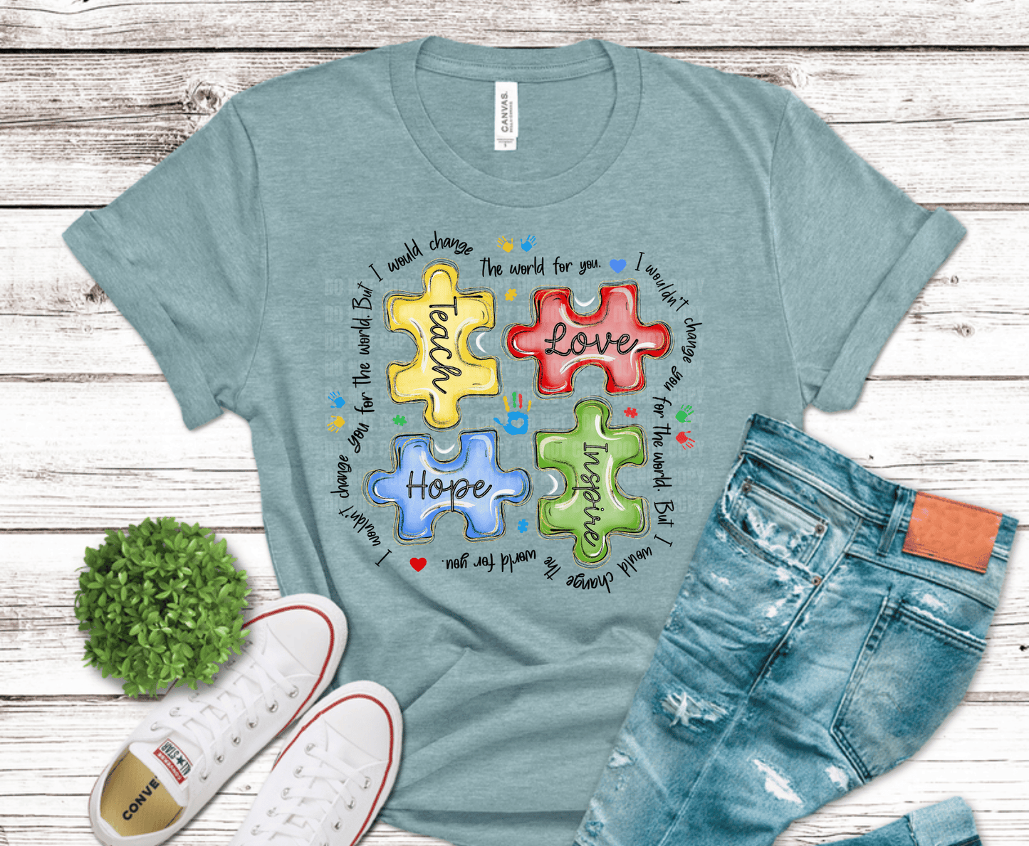 Colorful puzzle pieces with Teach Love Hope Inspire text