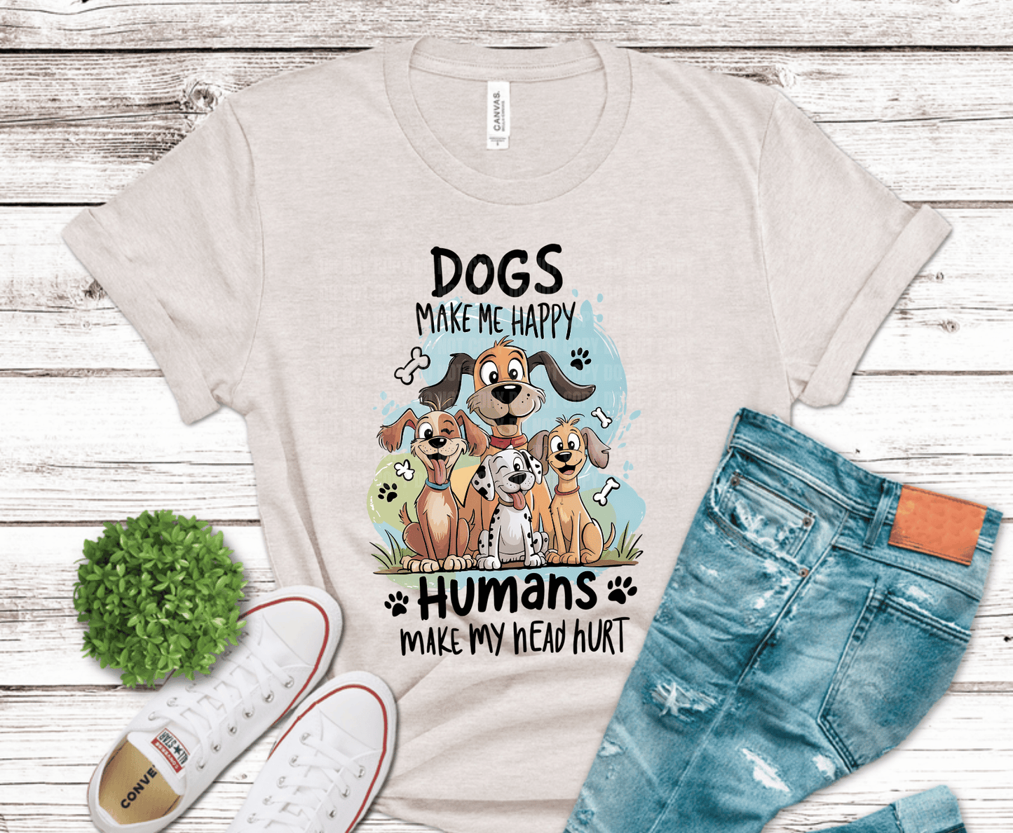 Cartoon dogs with Dogs Make Me Happy Humans Make My Head Hurt text