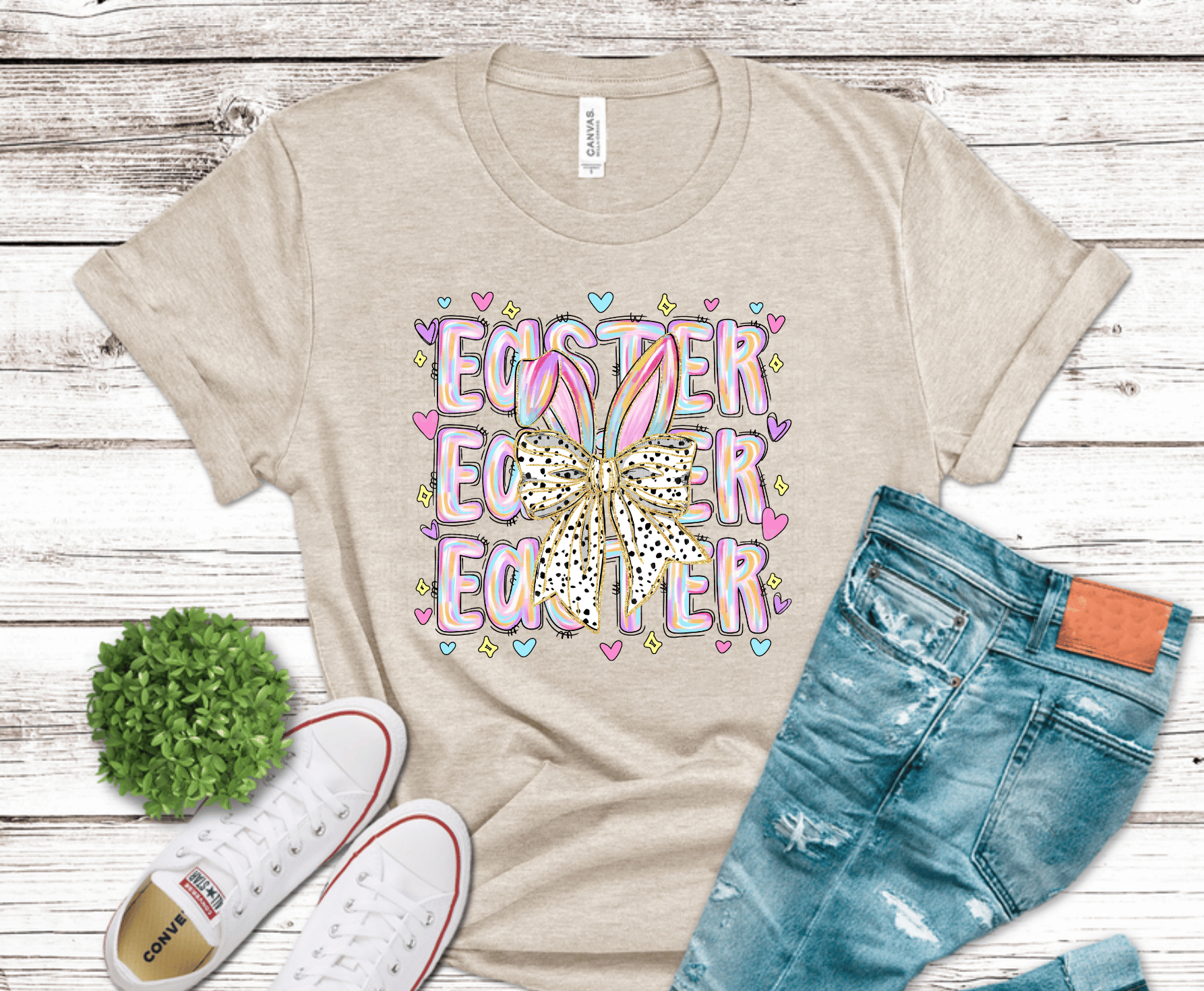 Pastel Easter lettering with bunny ear bow design