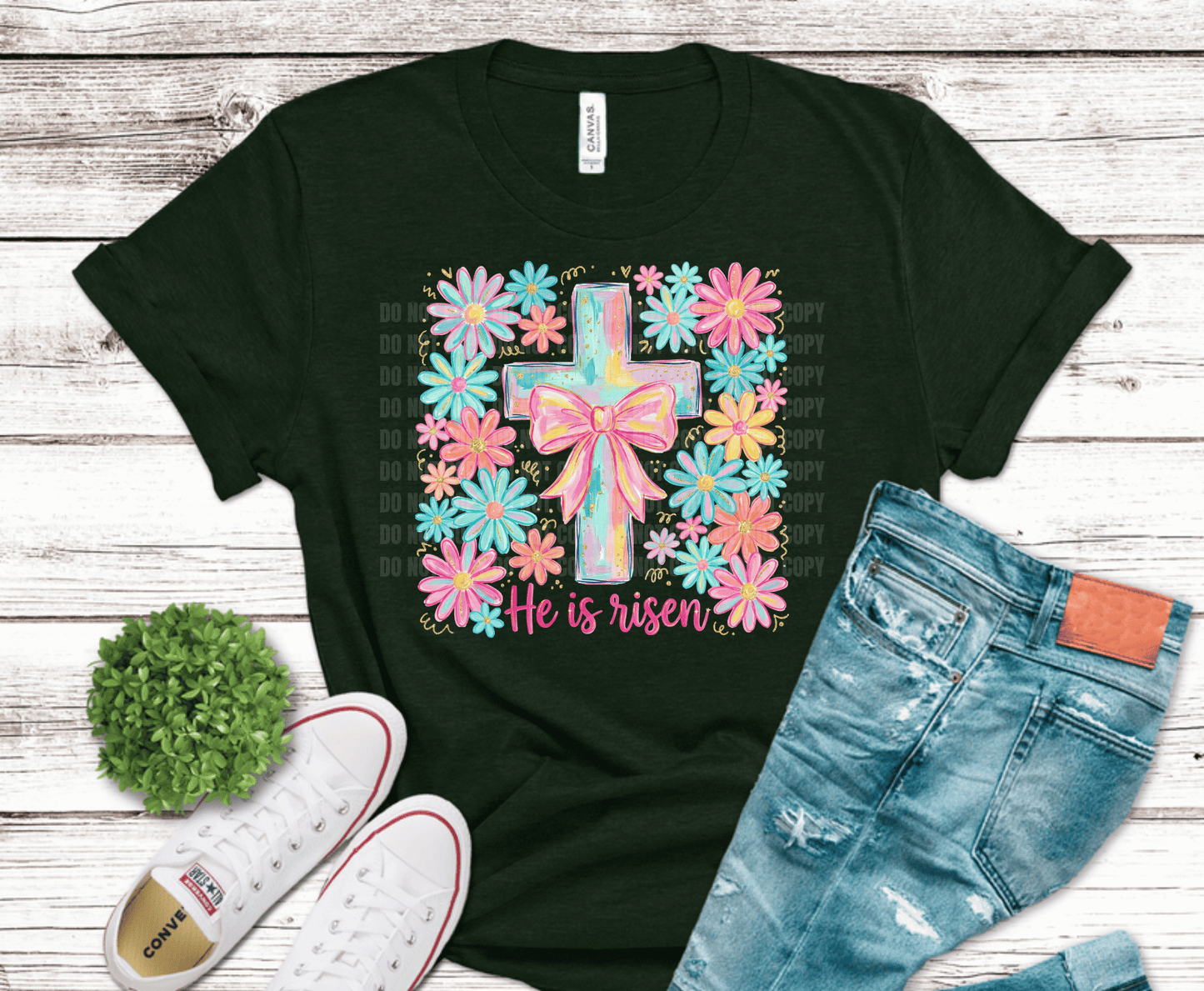 Pastel floral cross with He Is Risen christian message