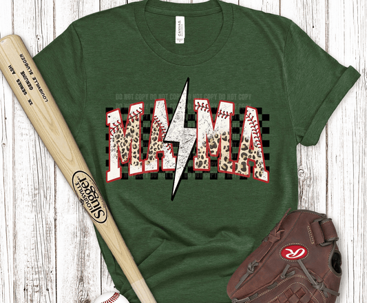 Distressed Mama lettering with lightning bolt and baseball pattern