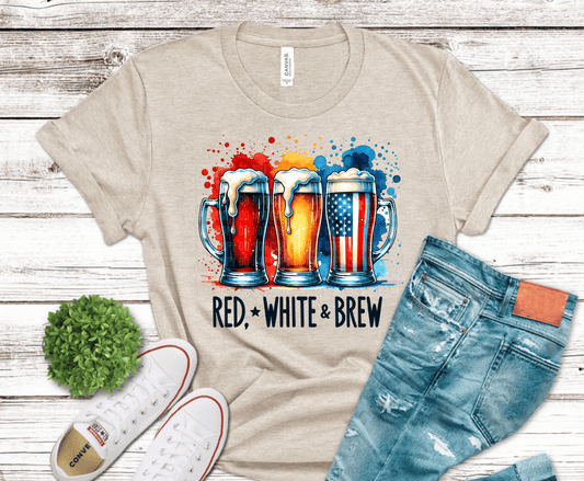 Red white and blue patriotic beer mugs with red white and brew text design.