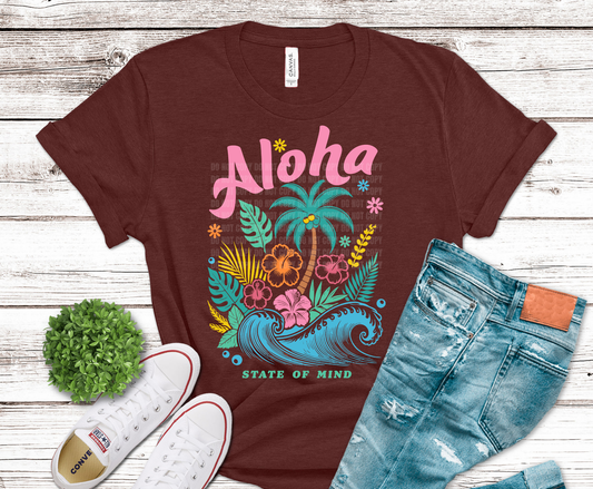 Aloha tropical design with palm trees ocean waves and hibiscus flowers.