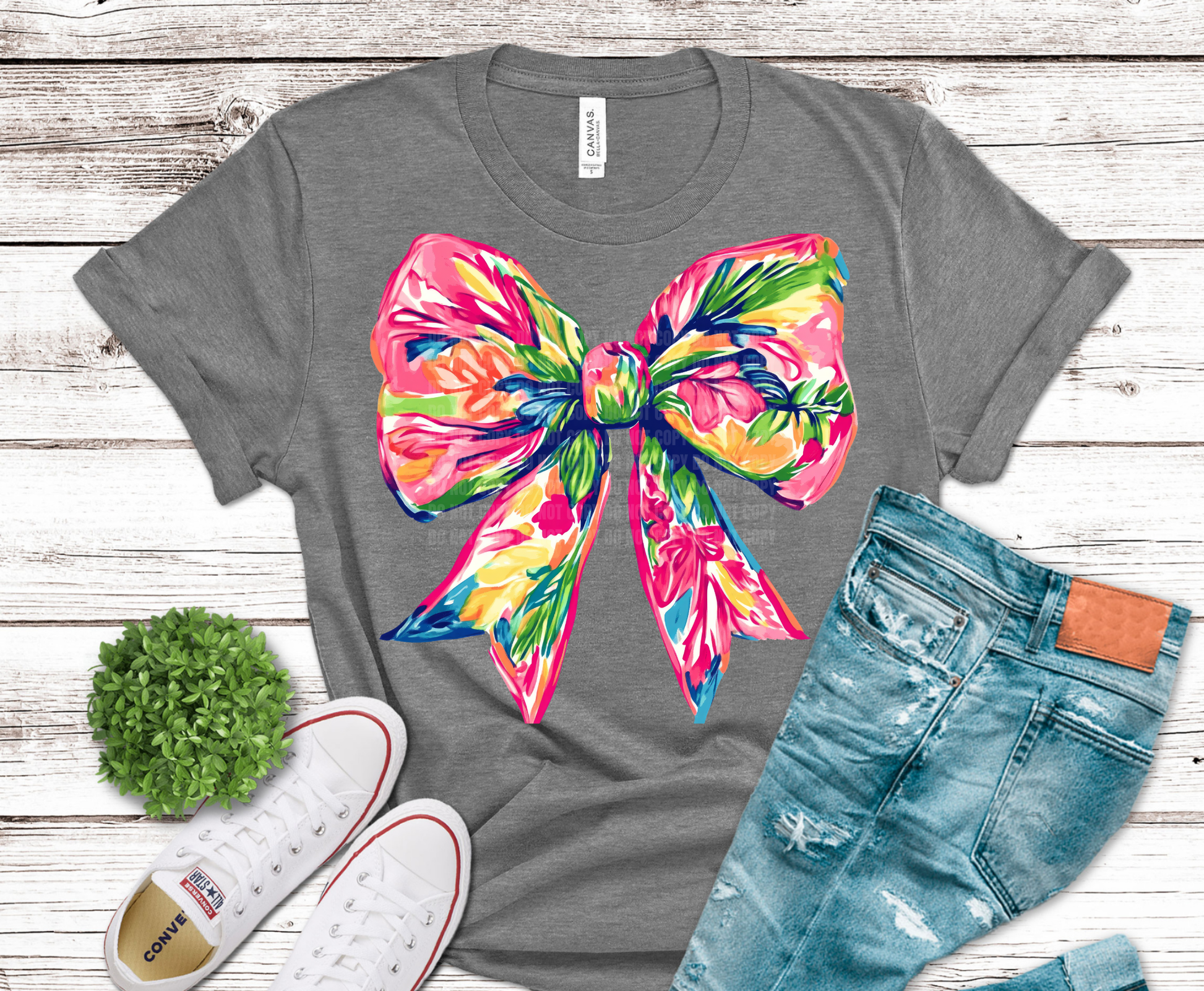 Colorful floral preppy bow with vibrant tropical paint style.