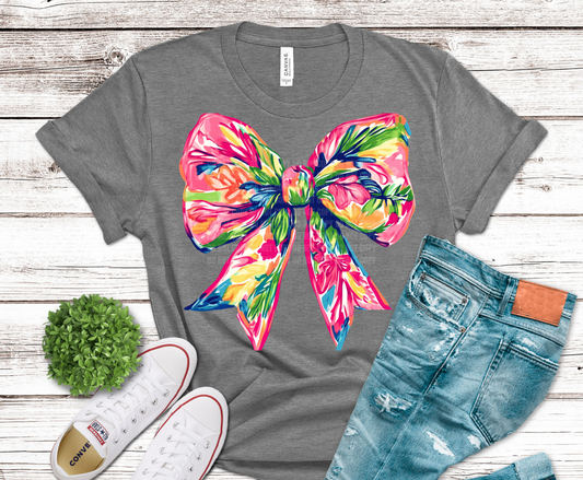 Colorful floral preppy bow with vibrant tropical paint style.