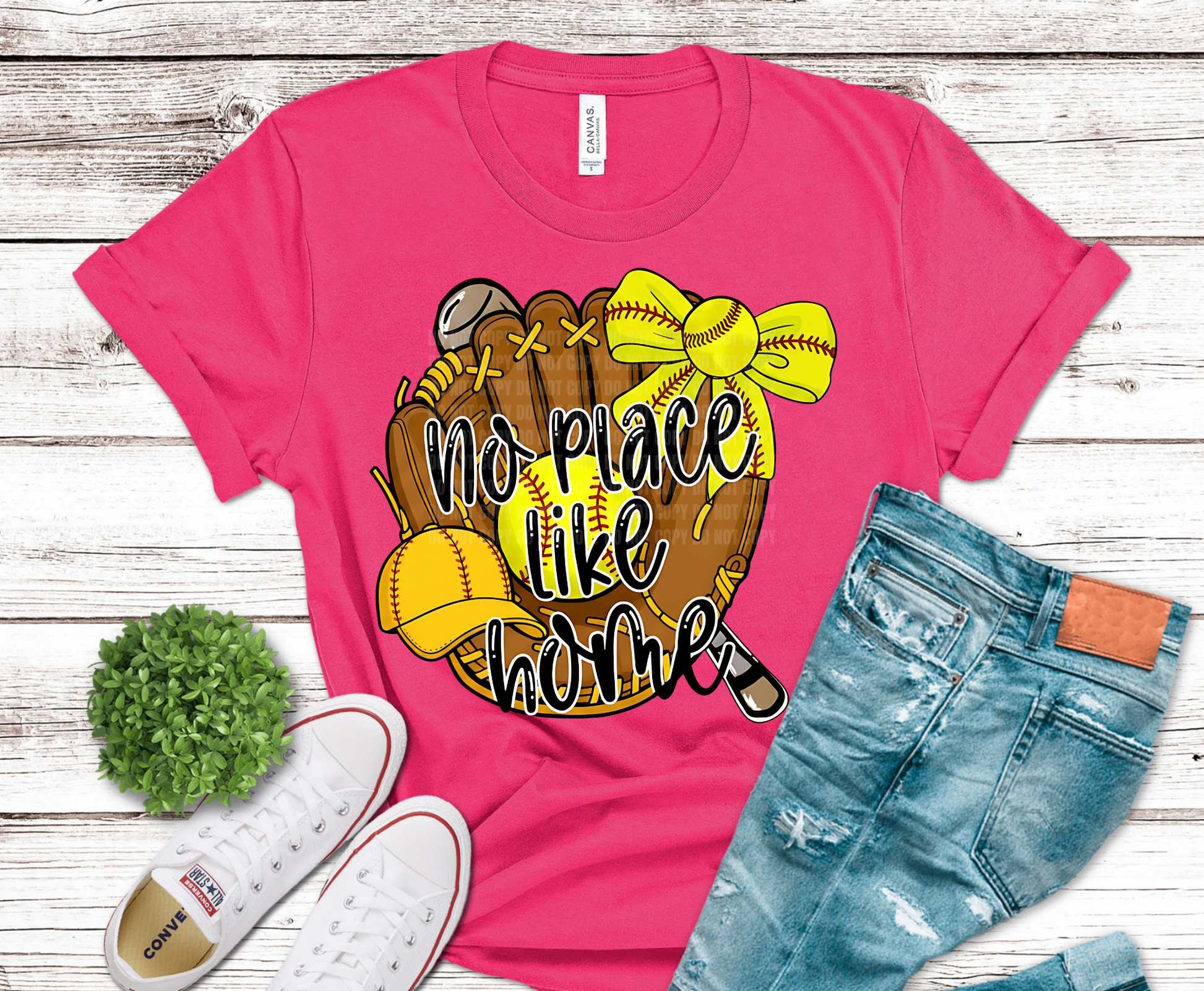 Softball glove bat and ball design with bow and text No Place Like Home.