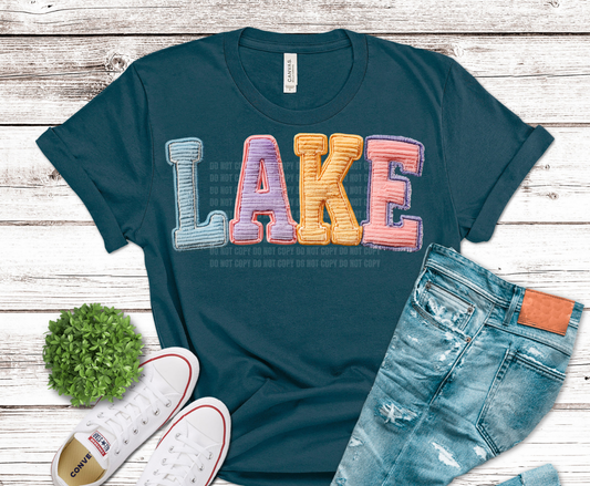 Lake lettering design in colorful vintage textured letters.