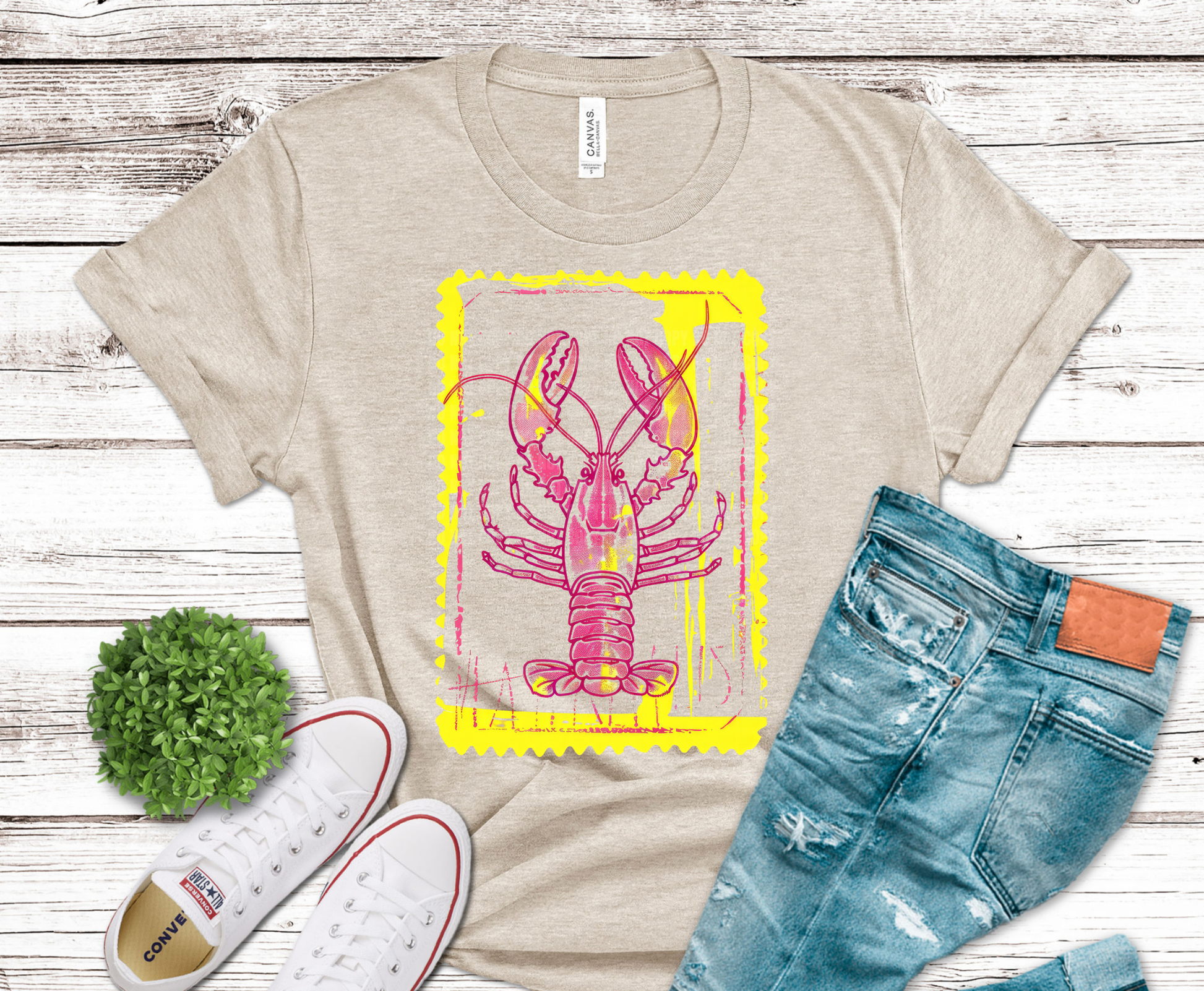 Bright pink lobster illustration with artistic paint style.