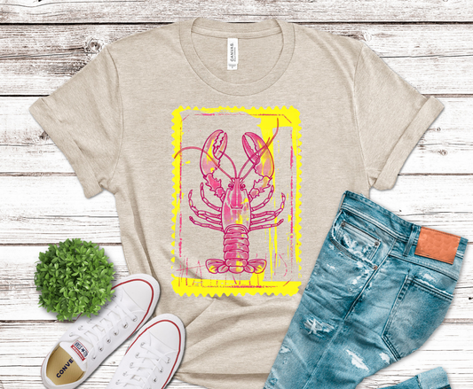 Bright pink lobster illustration with artistic paint style.