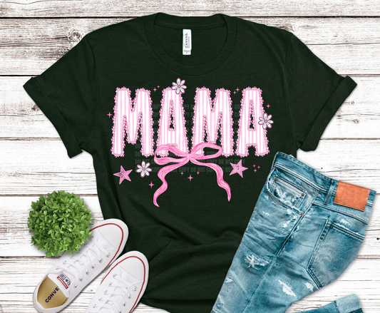 Pink Mama lettering with decorative bow and sparkles.