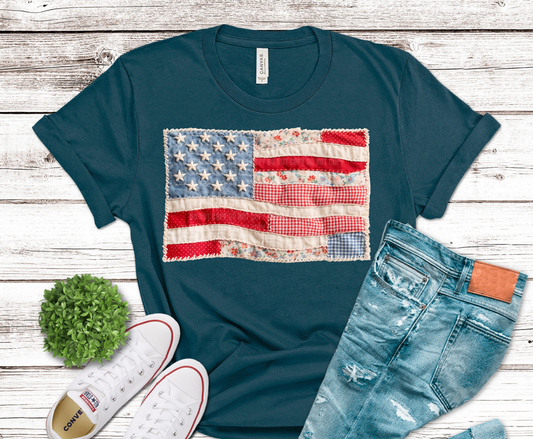 Vintage patchwork American flag made of fabric quilt textures.