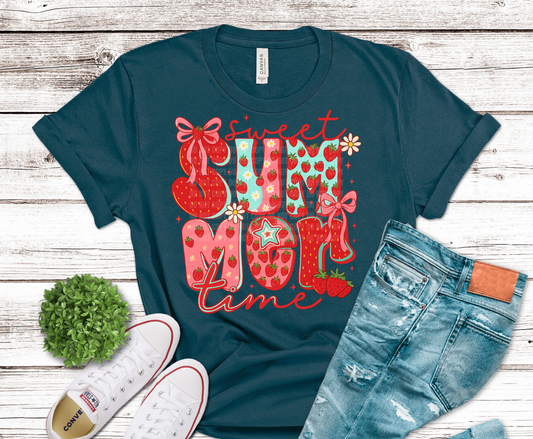 Sweet Summer Time lettering decorated with strawberries and bows.