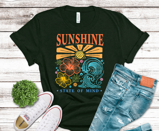 Sunshine State of Mind design with sun rays tropical flowers and ocean waves.