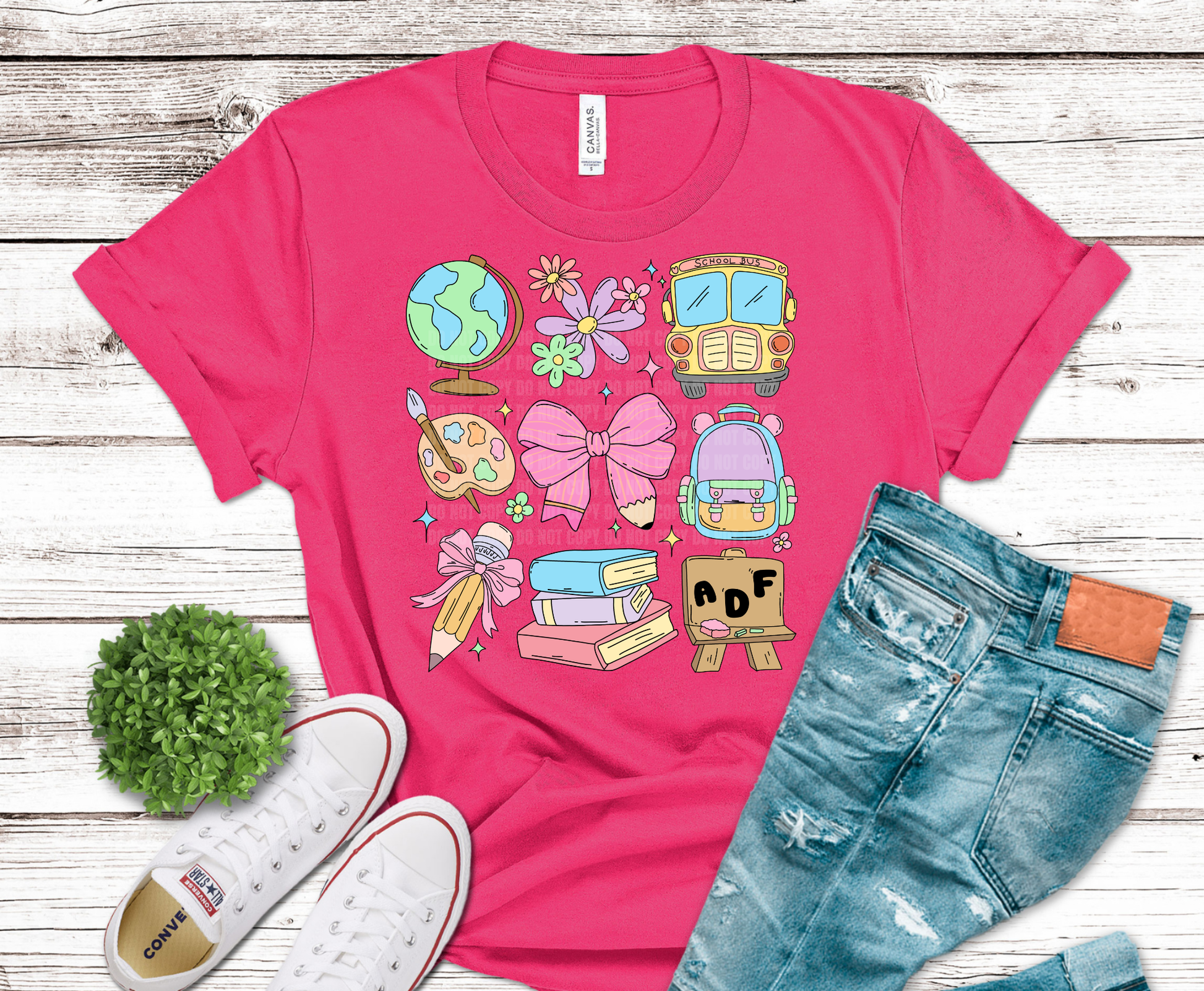 Colorful teaching icons including books backpack globe and classroom supplies.