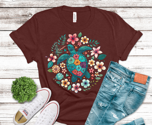 Sea turtle surrounded by tropical flowers and ocean patterns.