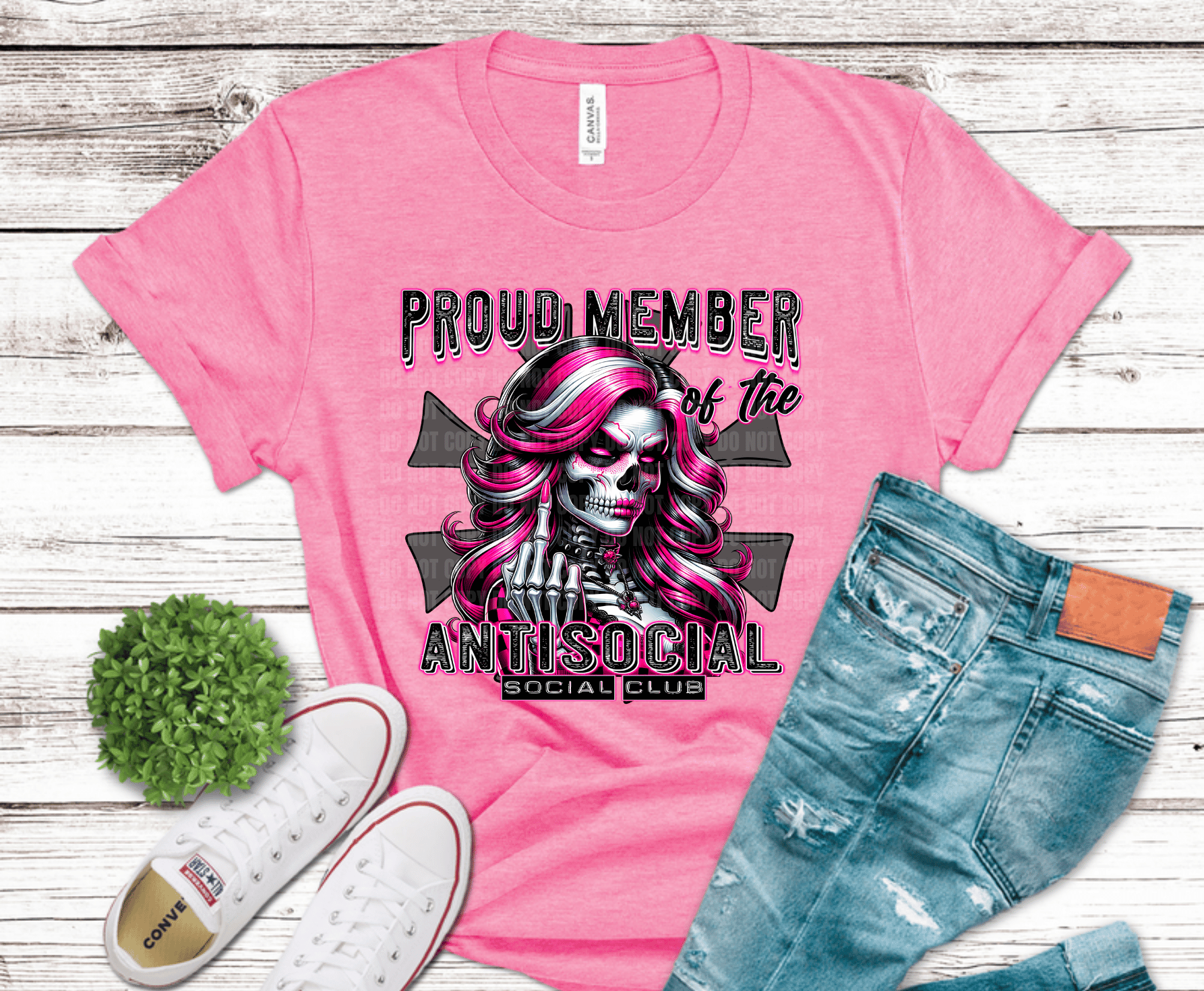 Skull with pink hair and text Proud Member of the Antisocial Club.