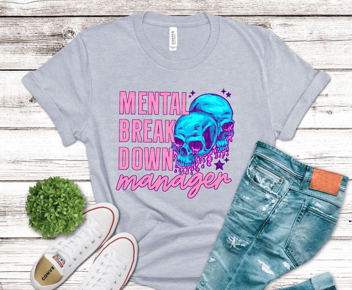 Colorful skulls with dripping effect and text Mental Breakdown Manager.
