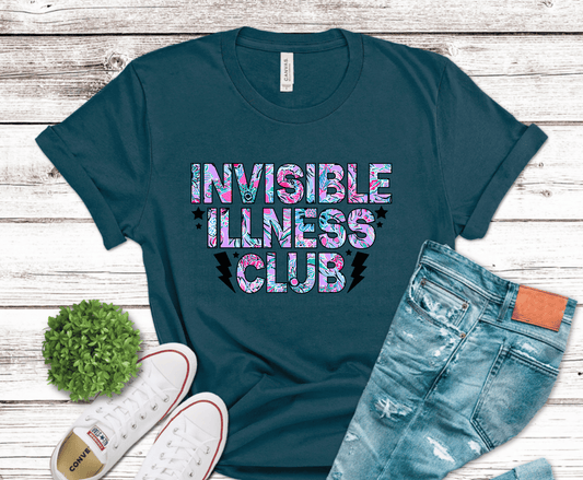 Invisible Illness Club text with colorful patterned lettering.