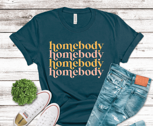 Homebody repeating text design in soft pastel tones.