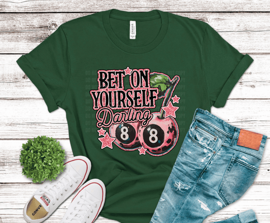 Retro cherries with 8-ball style design and text Bet On Yourself Darling.