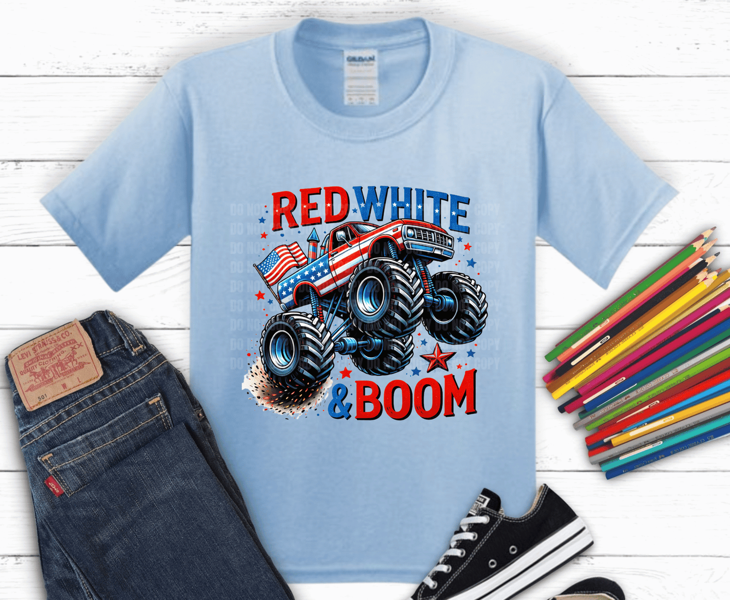 Patriotic monster truck with American flag colors and text Red White & Boom.