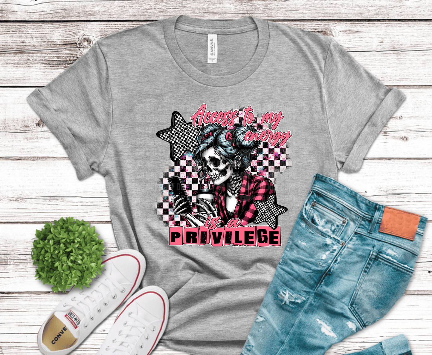 Skull character with coffee and phone with text Access to My Energy is a Privilege.