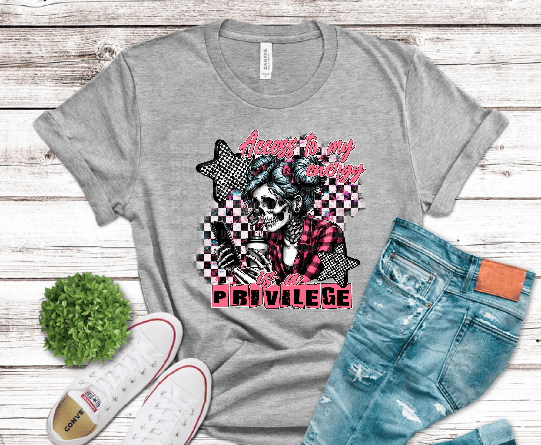 Skull character with coffee and phone with text Access to My Energy is a Privilege.
