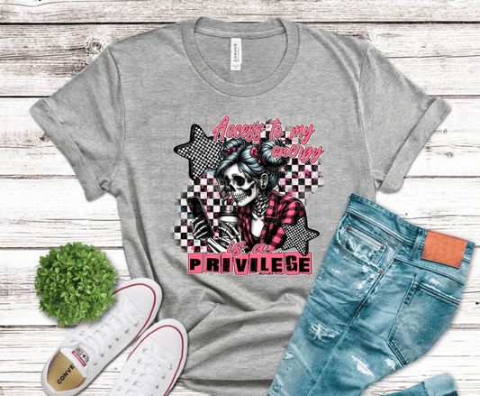 Skull character with coffee and phone with text Access to My Energy is a Privilege.
