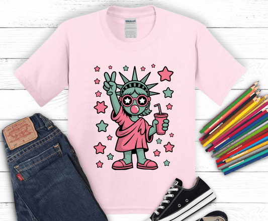 Cute Statue of Liberty cartoon holding drink with stars and hearts.