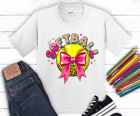 Softball graphic with pink bow and decorative accents.