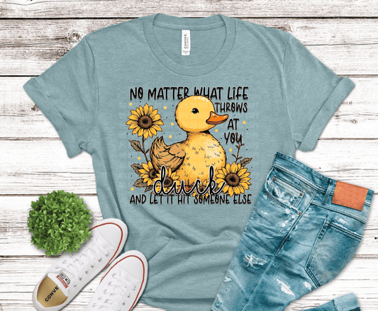 Duck with sunflower and humorous sarcastic quote text.