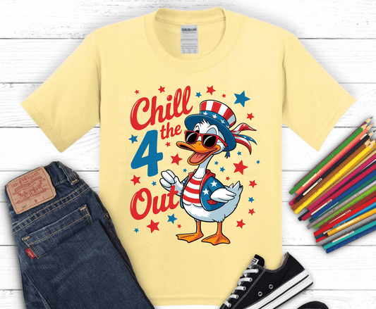 Duck wearing patriotic outfit with chill the 4th out text.