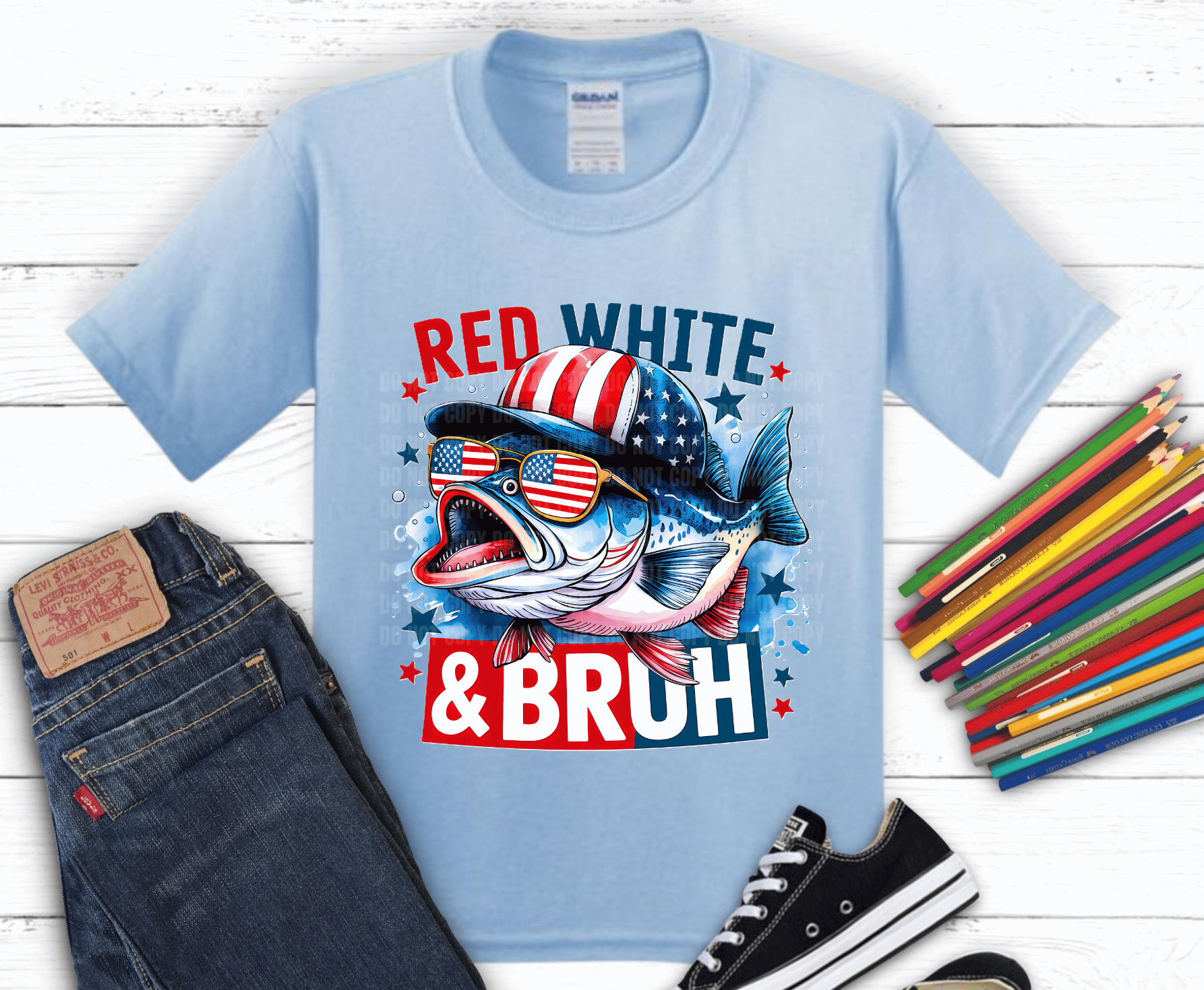 Funny Red White & Bruh fish design for patriotic fishing shirts.