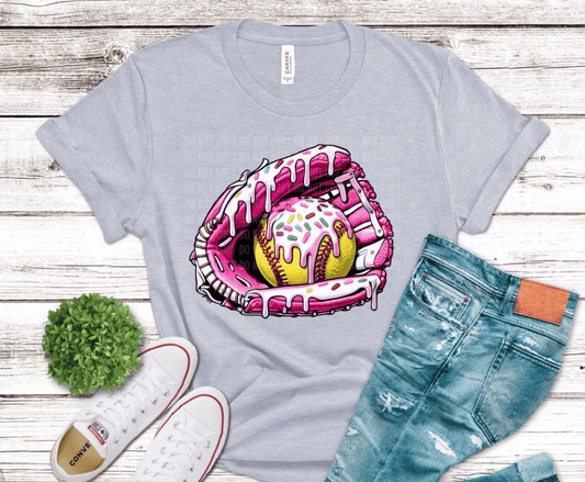 Dripping softball glove design perfect for fun sports apparel.