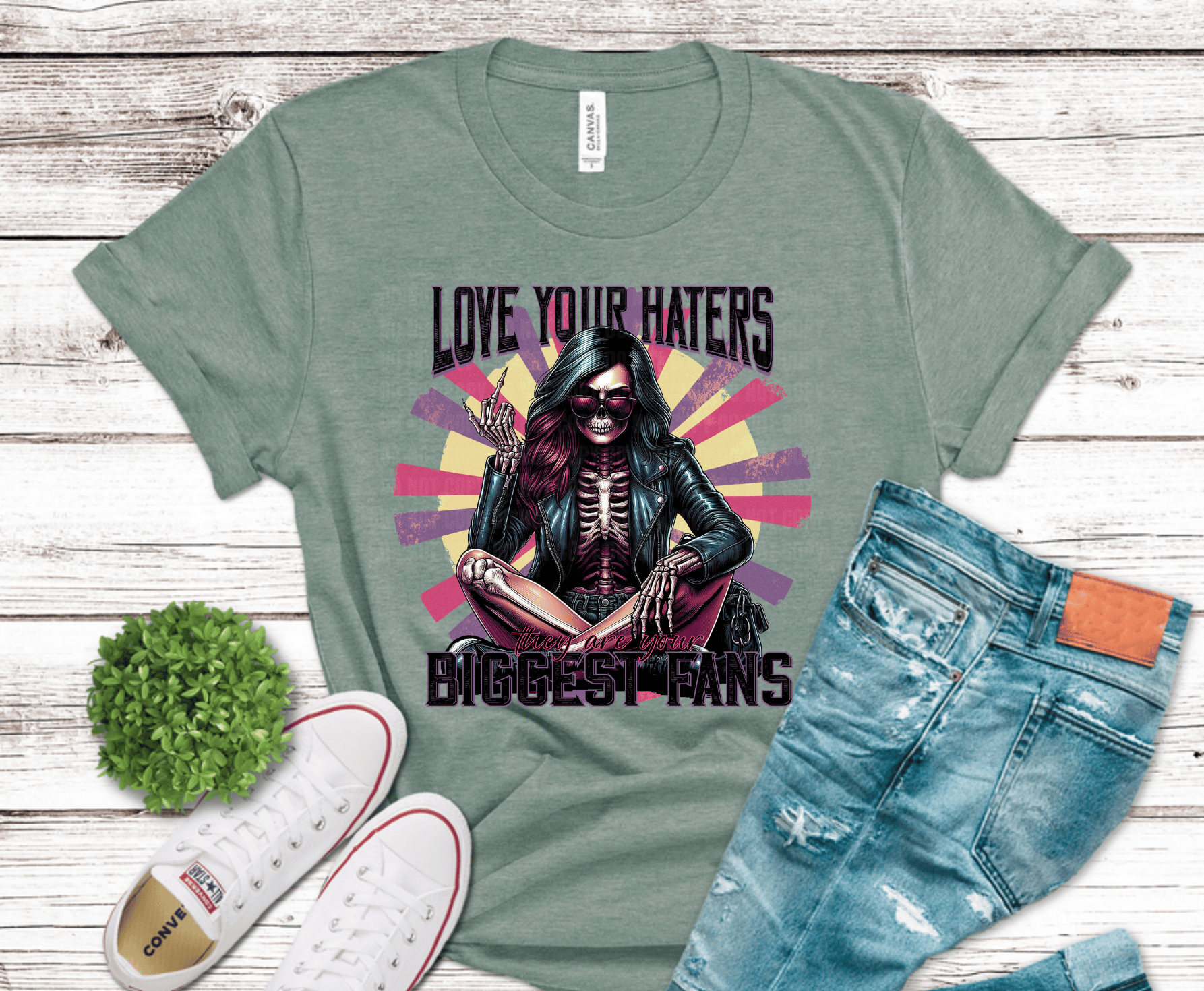Love Your Haters skeleton design for bold edgy statement shirts.