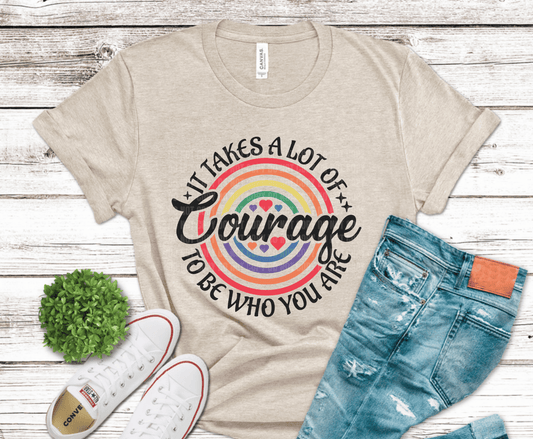 Inspirational courage rainbow design for motivational apparel.