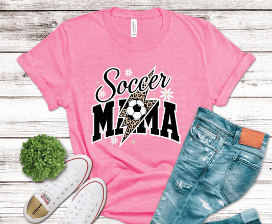 Soccer mama lightning bolt graphic with leopard print accents and bold typography for trendy sports mom apparel