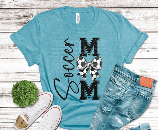 Vertical soccer mom graphic design with distressed lettering and soccer ball accents in black and white style