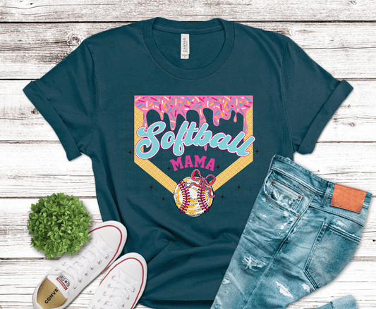Softball mama graphic with melting ice cream cone, softball stitching, and colorful lettering for fun sports mom apparel