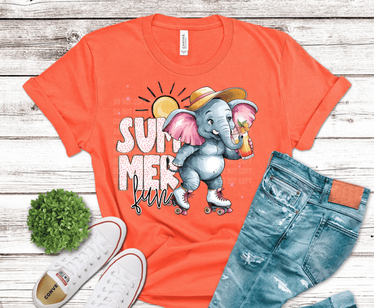 Cute summer elephant roller skating with sunhat and tropical drink graphic design with bright playful summer theme