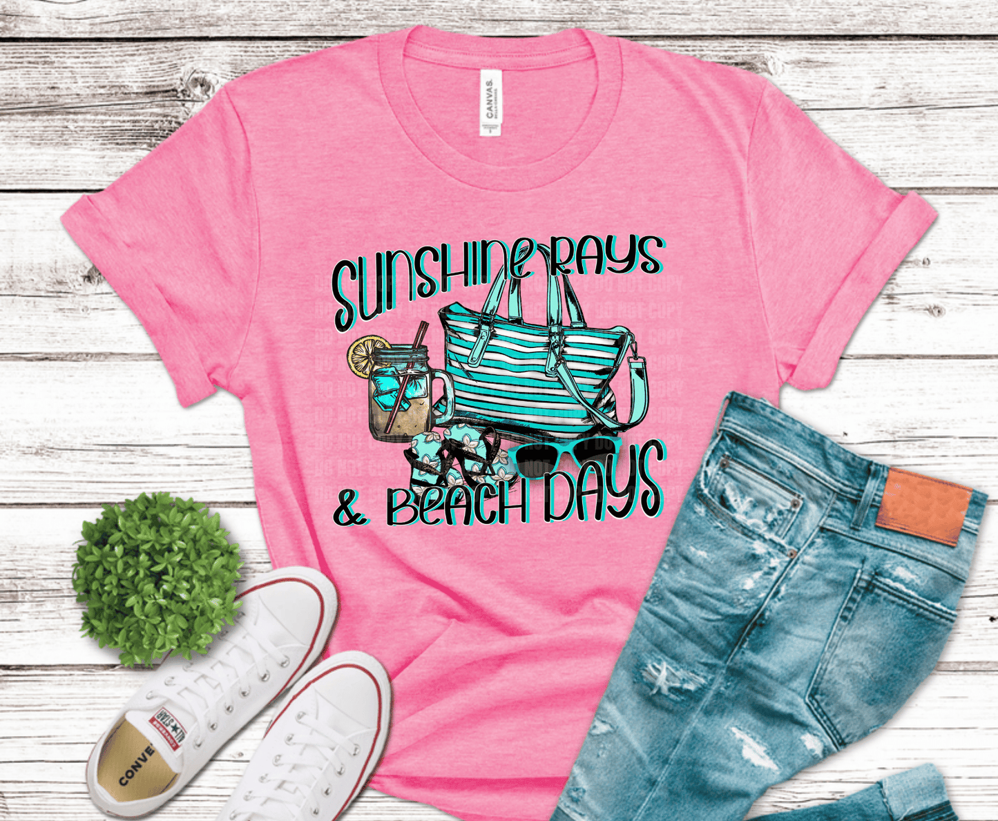 Sunshine rays and beach days graphic with beach tote bag, iced drink, sunglasses and summer coastal design