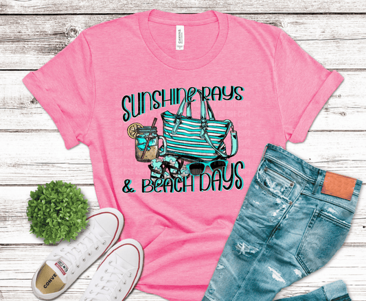 Sunshine rays and beach days graphic with beach tote bag, iced drink, sunglasses and summer coastal design