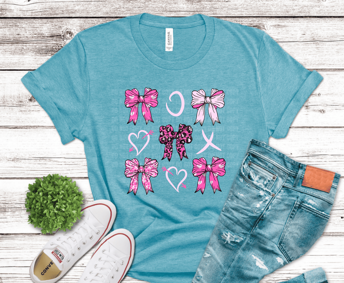Pink bow collection graphic with multiple ribbon styles hearts and XO accents in coquette aesthetic design