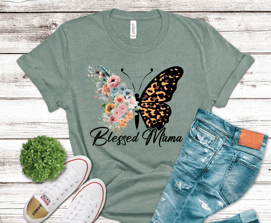 Blessed mama butterfly graphic with floral half wing and leopard print half wing elegant motherhood design