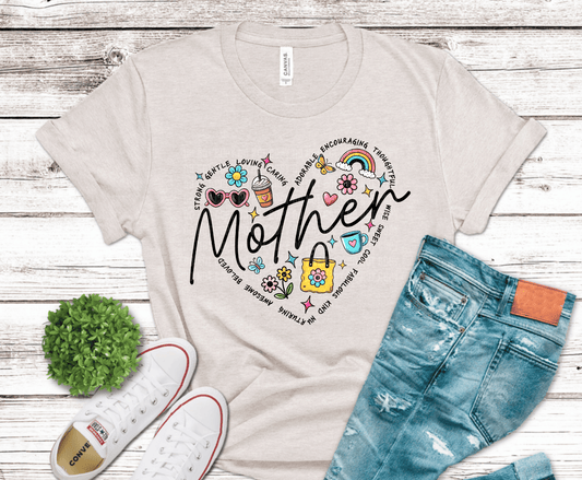 Mother affirmation graphic with colorful icons and encouraging words arranged in circle around script text