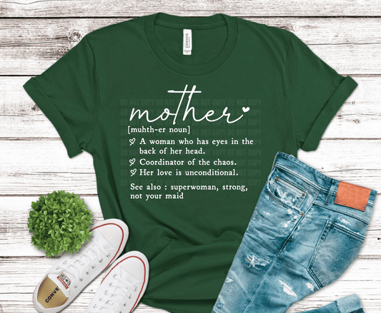 Minimalist mother definition graphic with humorous text describing motherhood in clean modern layout